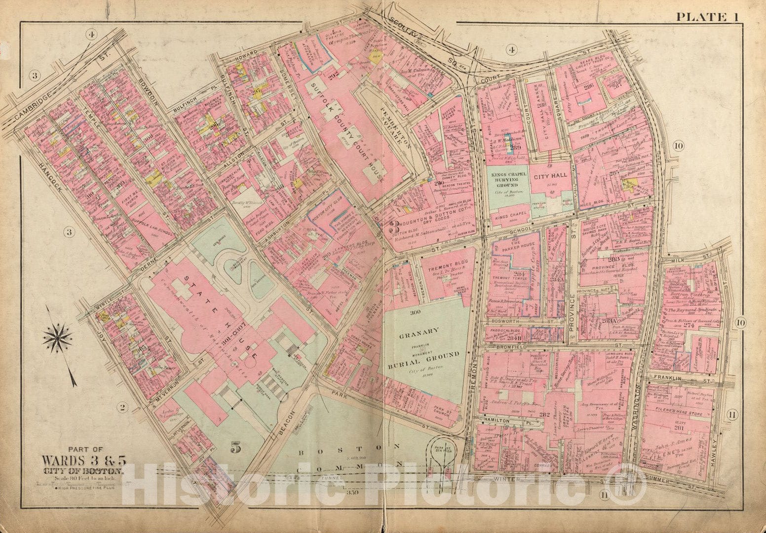 Historical Map, 1928 Atlas of The City of Boston, Boston Proper and Back Bay : Plate 1, Vintage Wall Art