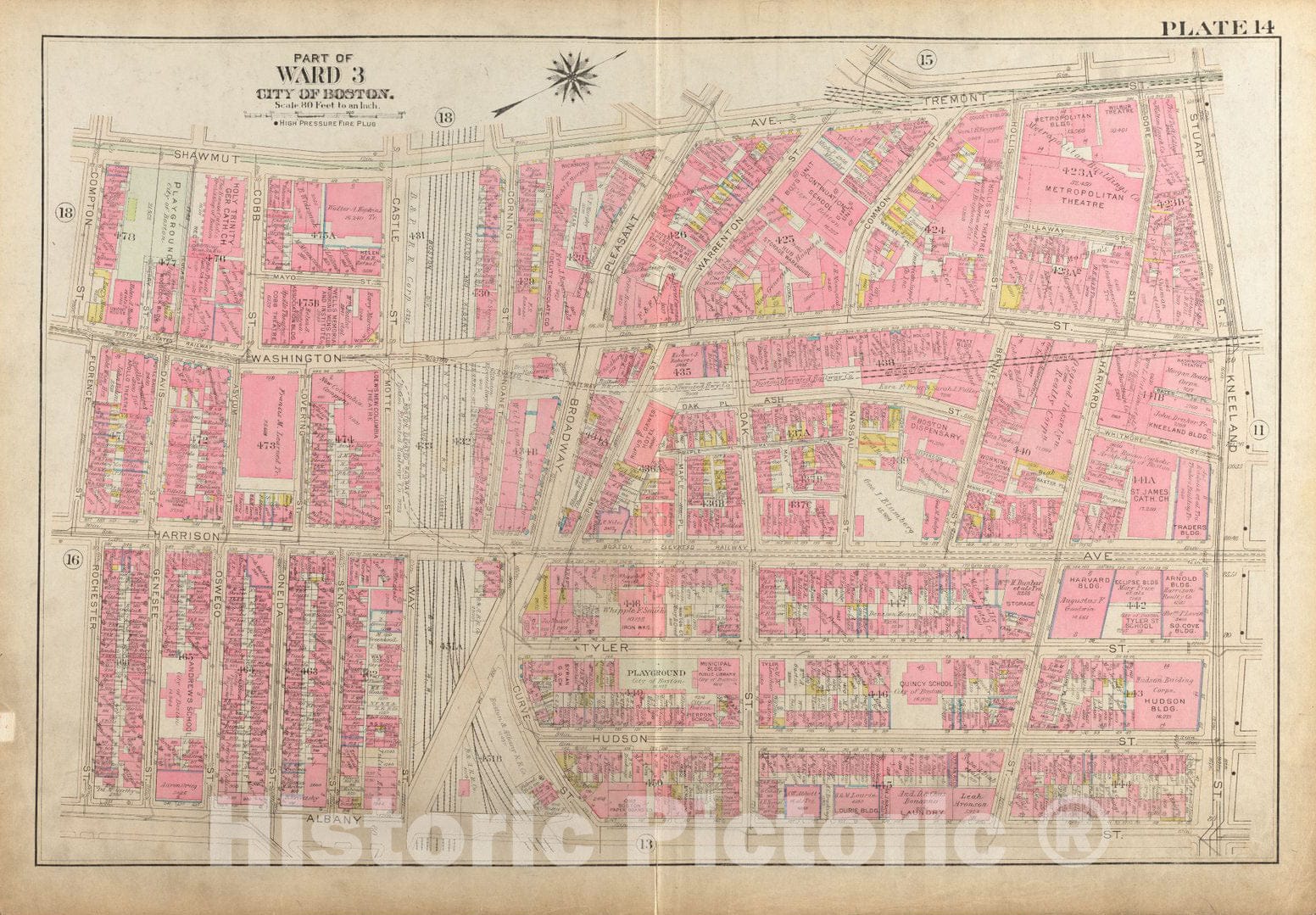 Historical Map, 1928 Atlas of The City of Boston, Boston Proper and Back Bay : Plate 14, Vintage Wall Art