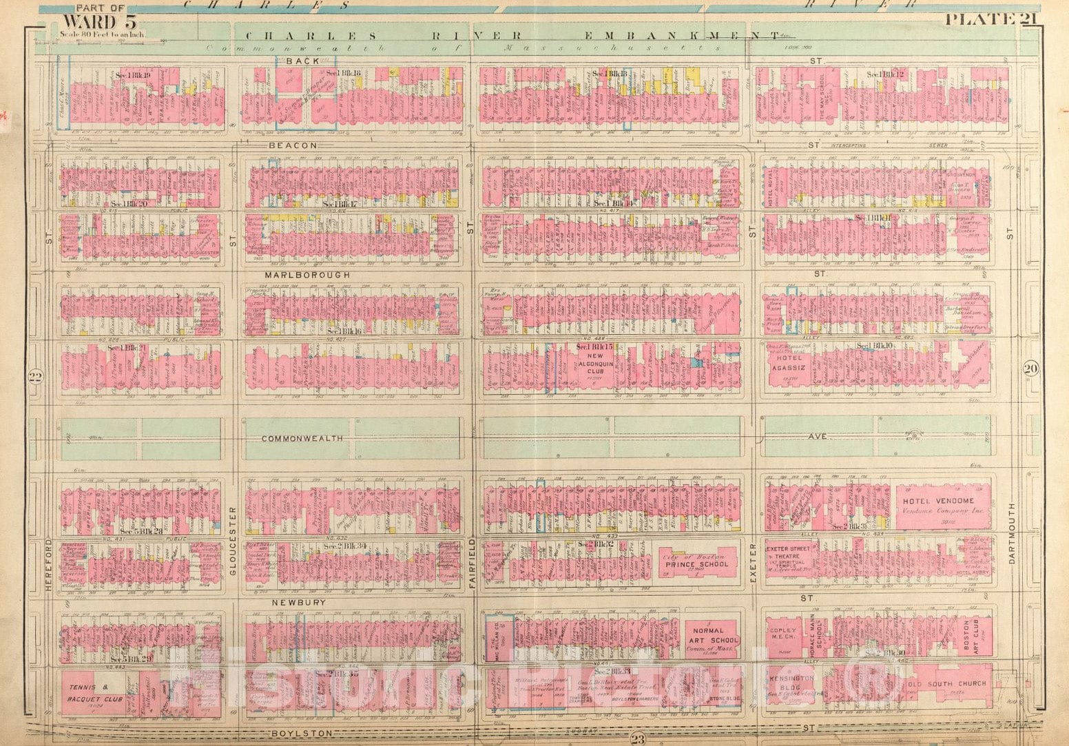Historical Map, 1928 Atlas of The City of Boston, Boston Proper and Back Bay : Plate 21, Vintage Wall Art