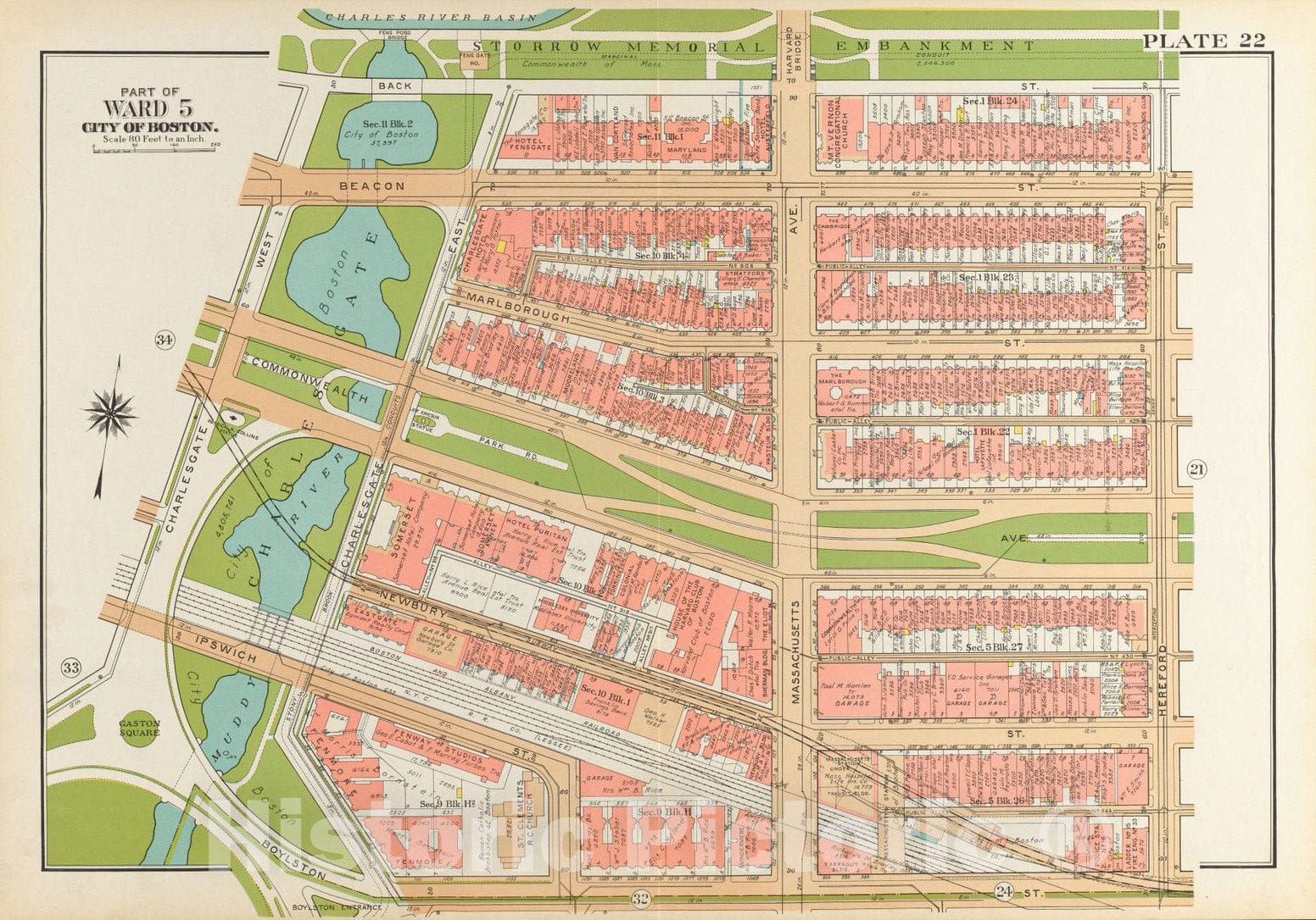Historical Map, 1938 Atlas of The City of Boston, Boston Proper and Back Bay : Plate 22, Vintage Wall Art