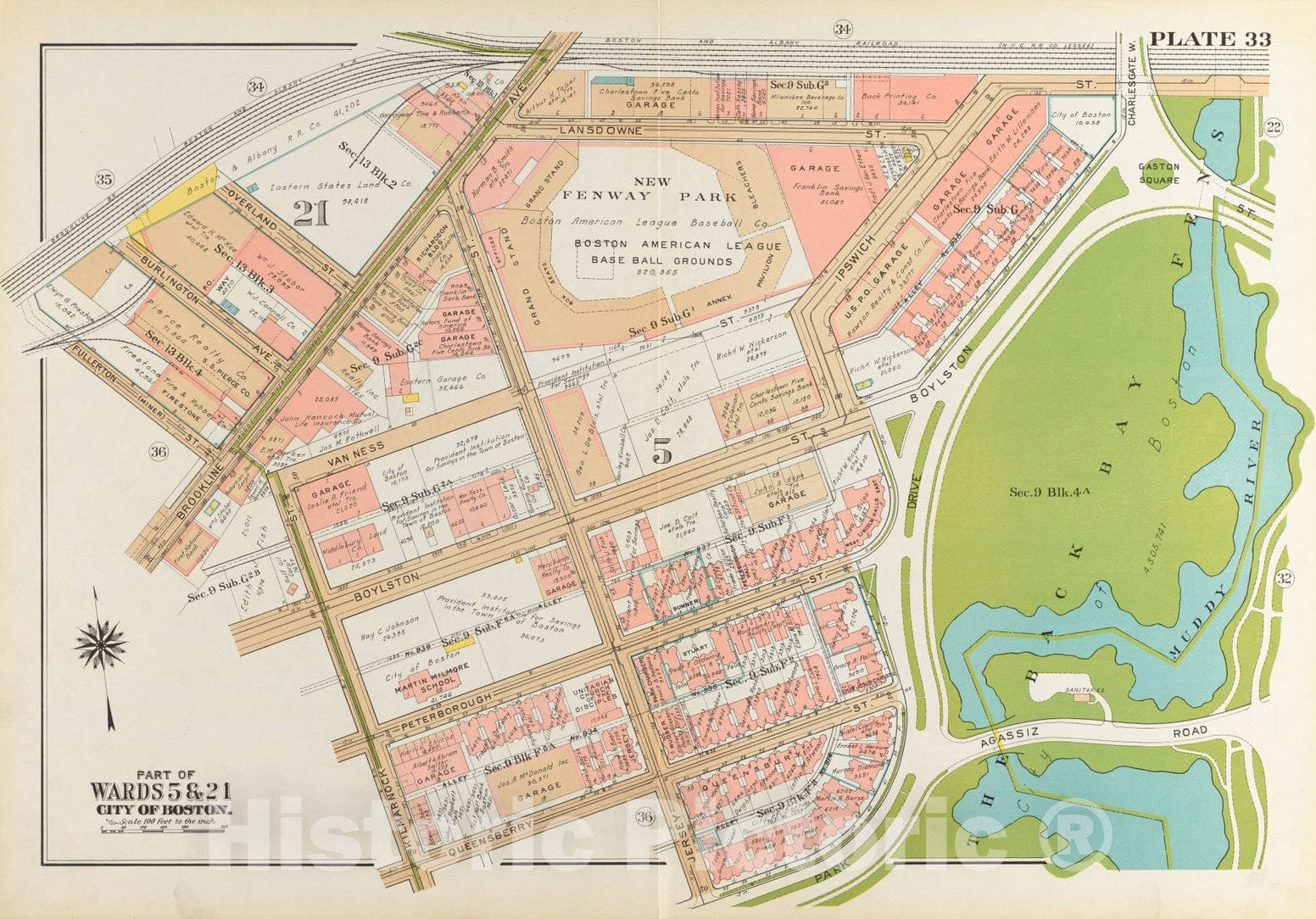 Historical Map, 1938 Atlas of The City of Boston, Boston Proper and Back Bay : Plate 33, Vintage Wall Art