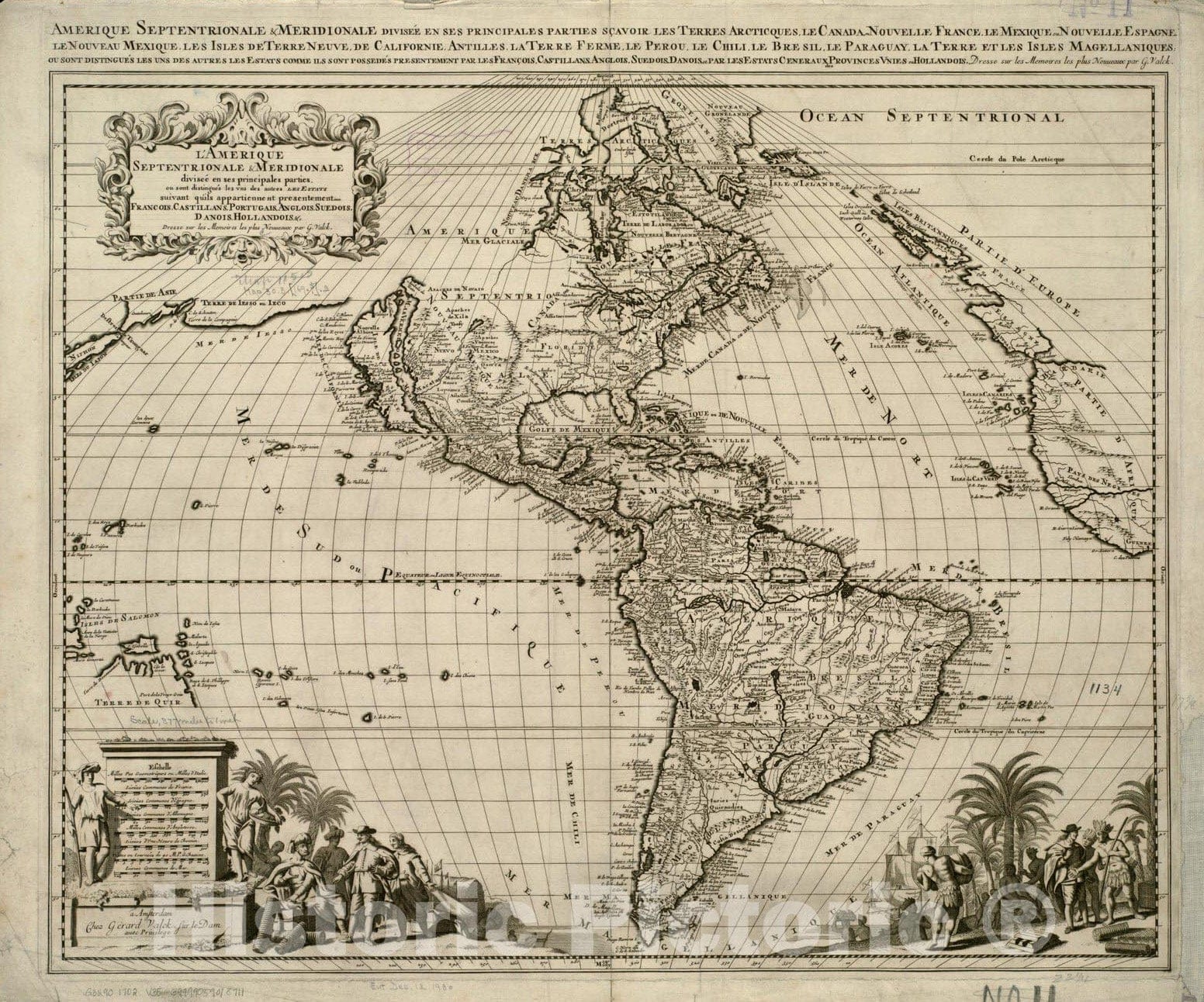 Historical Map, 1702 L'Amerique Septentrionale & Meridionale divisee en ses principales parties, ou sont distingues les vns des autres les estats suivant, Vintage Wall Art