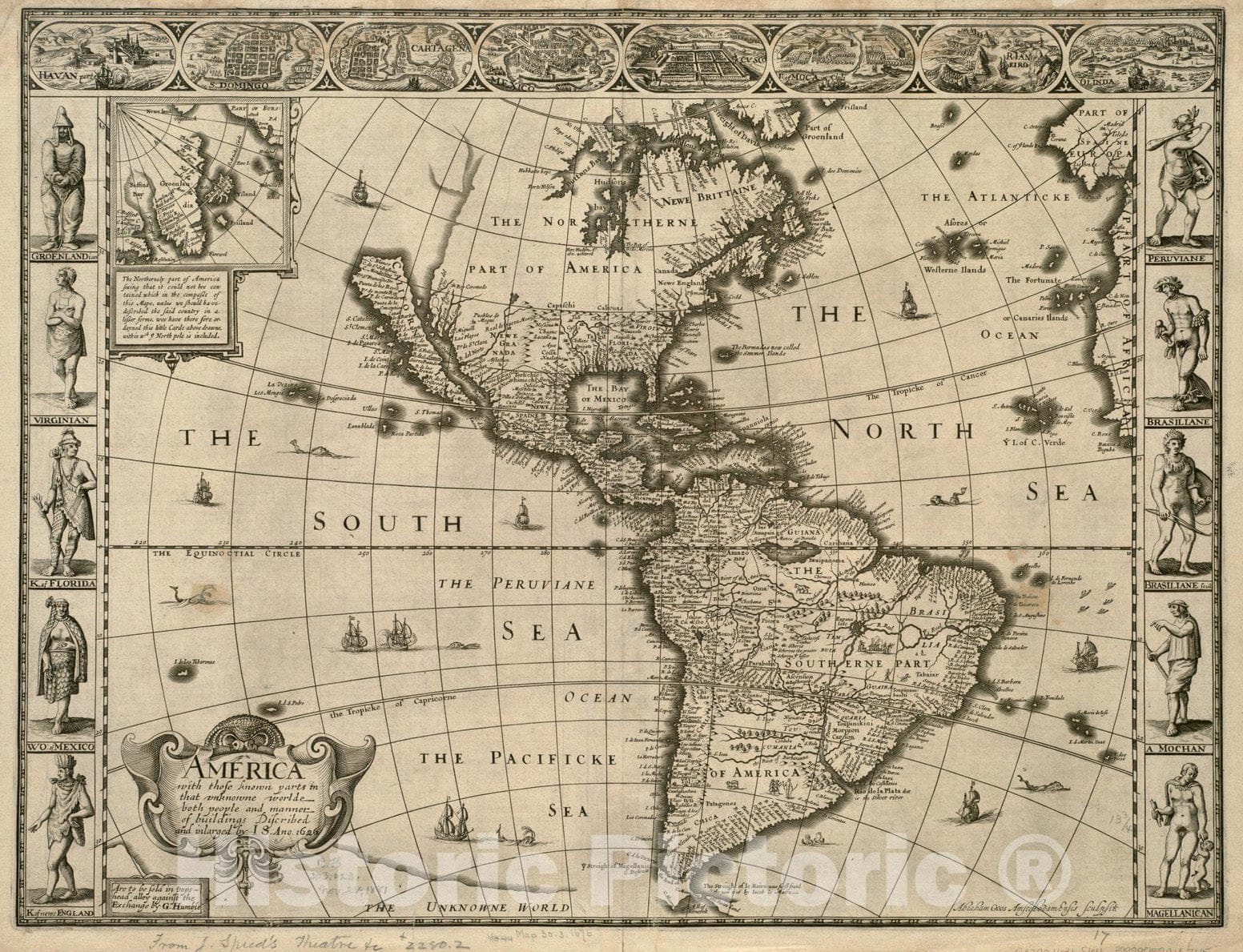 Historical Map, 1631 America with Those Known Parts in That unknowne worlde Both People and Manner of Buildings, Vintage Wall Art