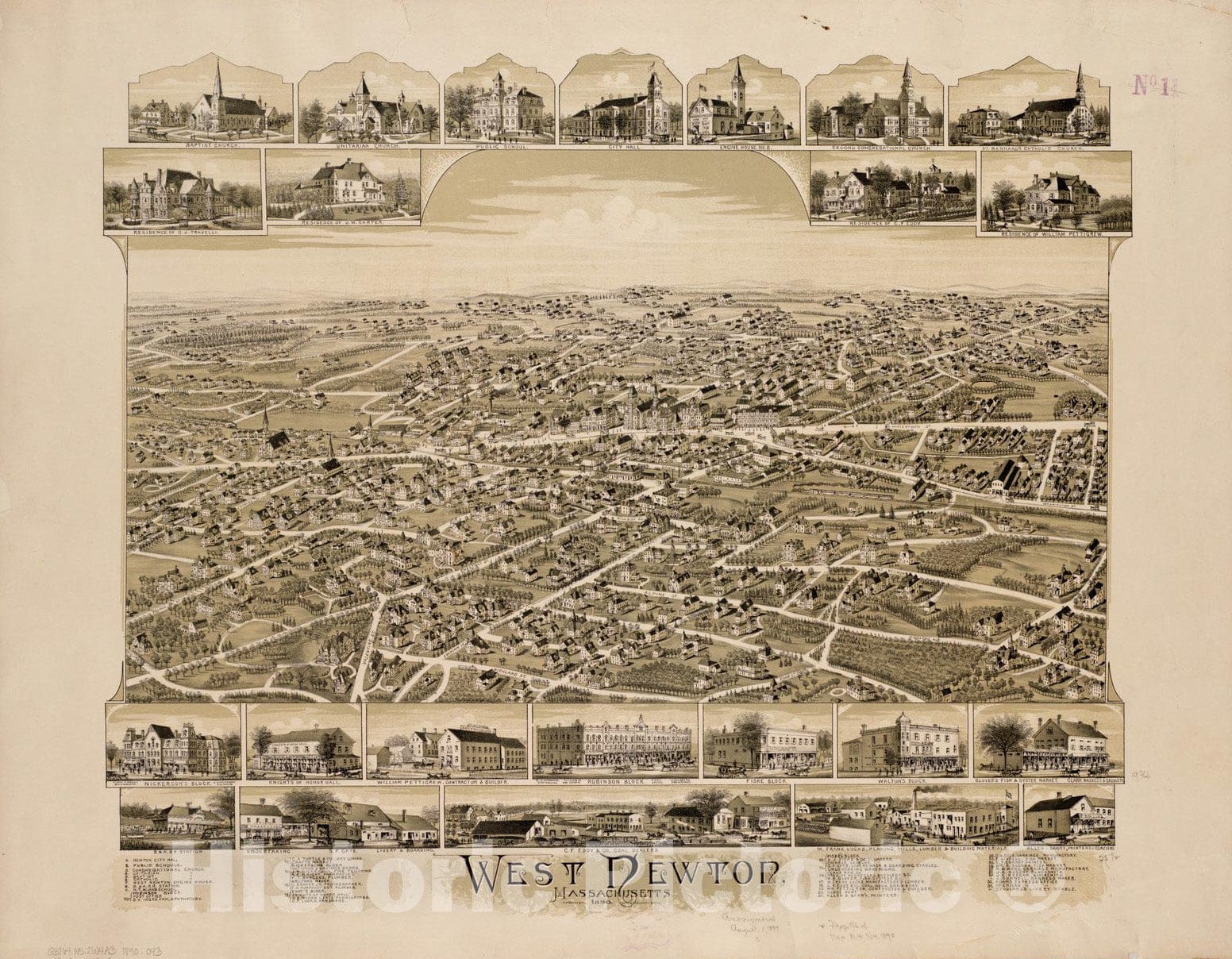 Historical Map, 1890 West Newton, Massachusetts, Vintage Wall Art