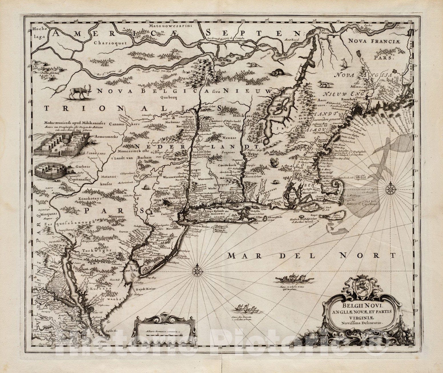 Historical Map, 1651 Belgii Novi, Angliae Novae, et partis Virginiae : novissima delineatio, Vintage Wall Art