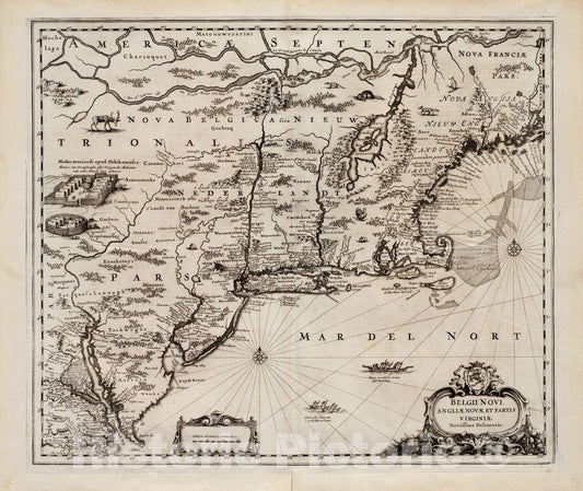 Historical Map, 1651 Belgii Novi, Angliae Novae, et partis Virginiae : novissima delineatio, Vintage Wall Art