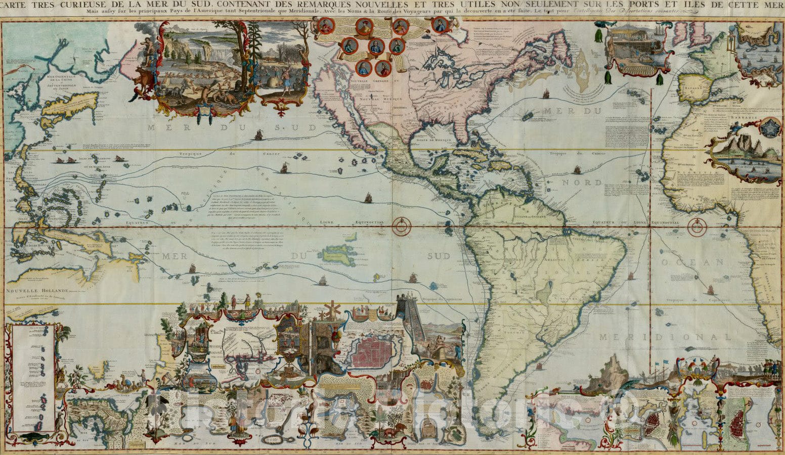 Historical Map, 1719 Carte tres curieuse de la Mer du Sud, contenant des remarques nouvelles et tres utiles Non seulement sur les Ports et iles de cette mer, Vintage Wall Art