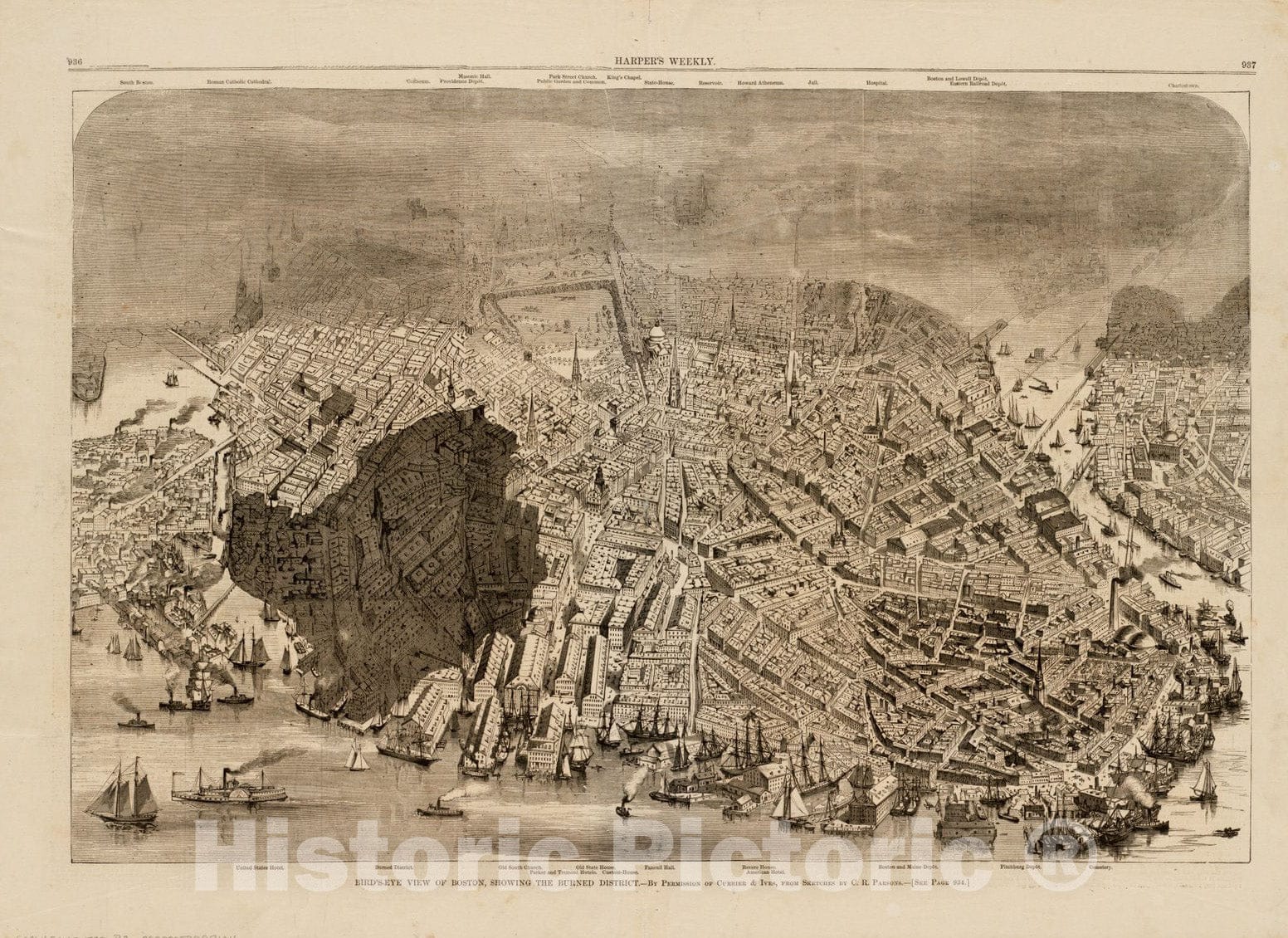 Historical Map, 1872 Bird's-Eye View of Boston, Showing The Burned District, Vintage Wall Art