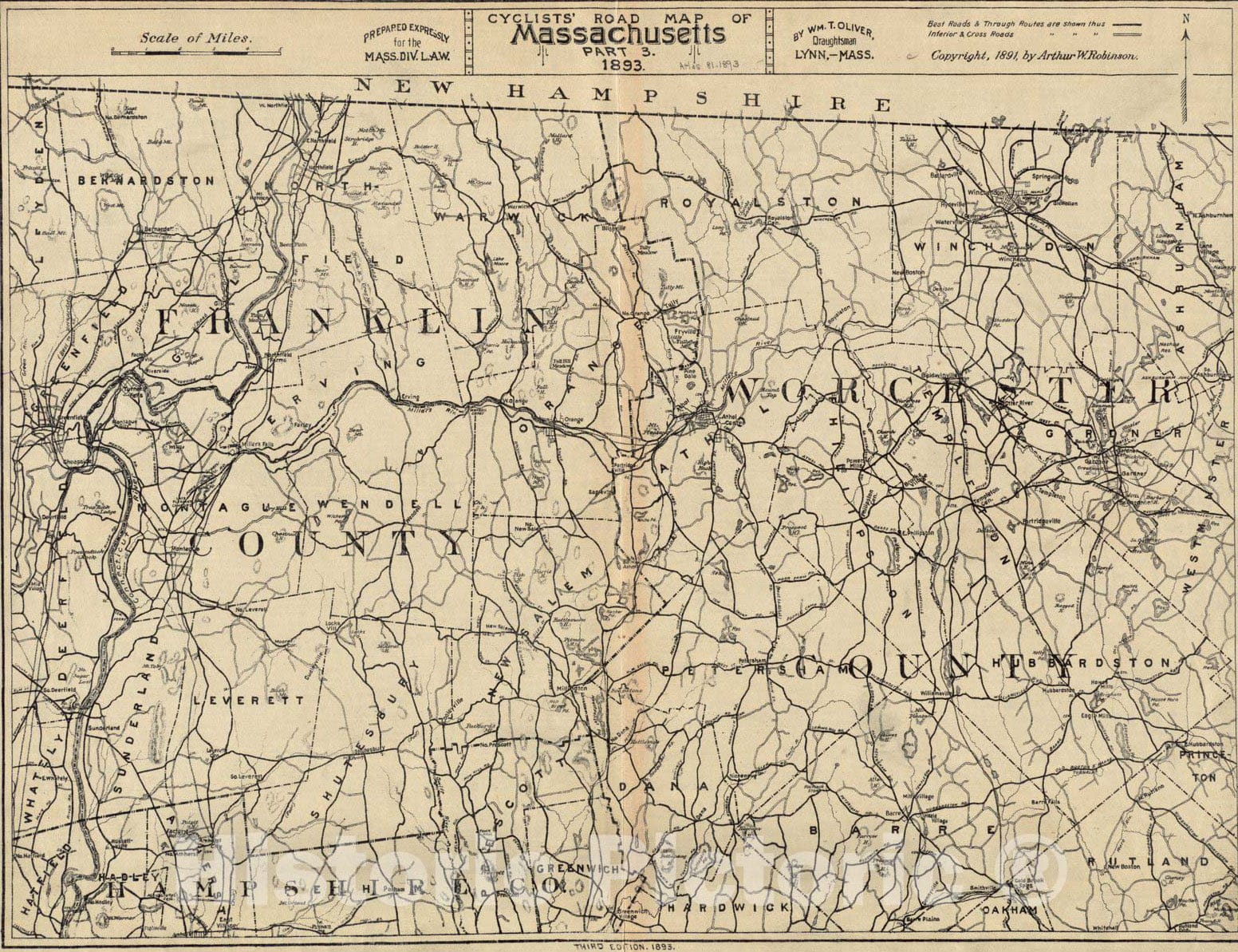 Historical Map, 1893 Cyclists' Road map of Massachusetts Part 3, Vintage Wall Art