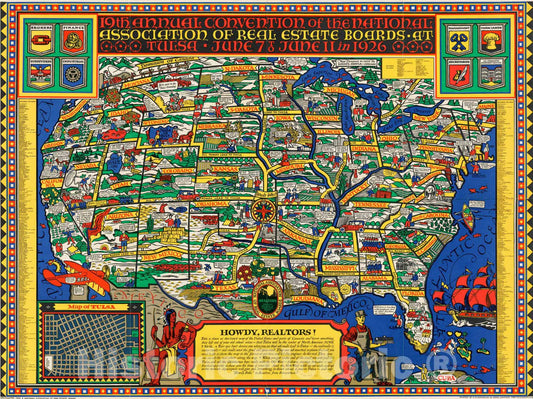 Historical Map, 19th Annual Convention of The National Association of Real Estate Boards : at Tulsa, June 7 to June 11 in 1926, Vintage Wall Art