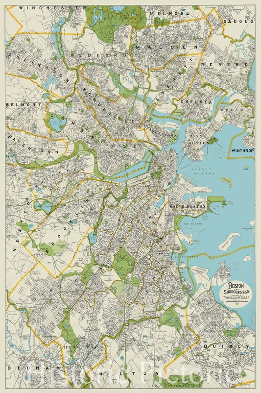 Historical Map, 1927 Boston and surroundings, Vintage Wall Art