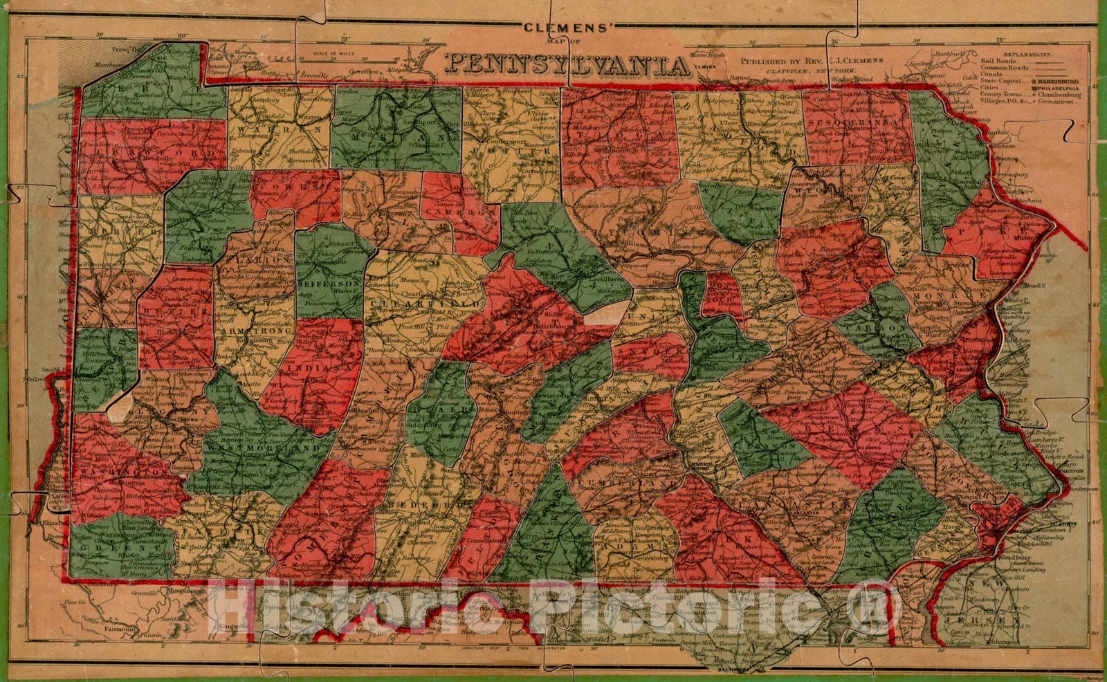 Historical Map, 1880-1889 Clemens' map of Pennsylvania, Vintage Wall Art