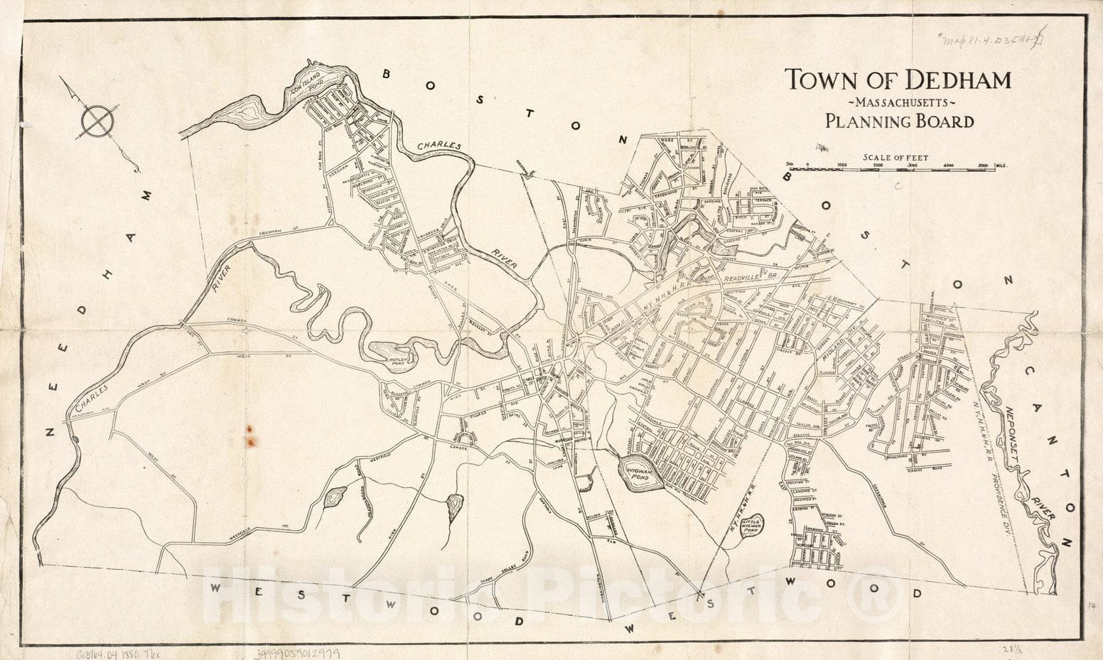 Historical Map, 1880-1889 Town of Dedham Massachusetts, Vintage Wall Art