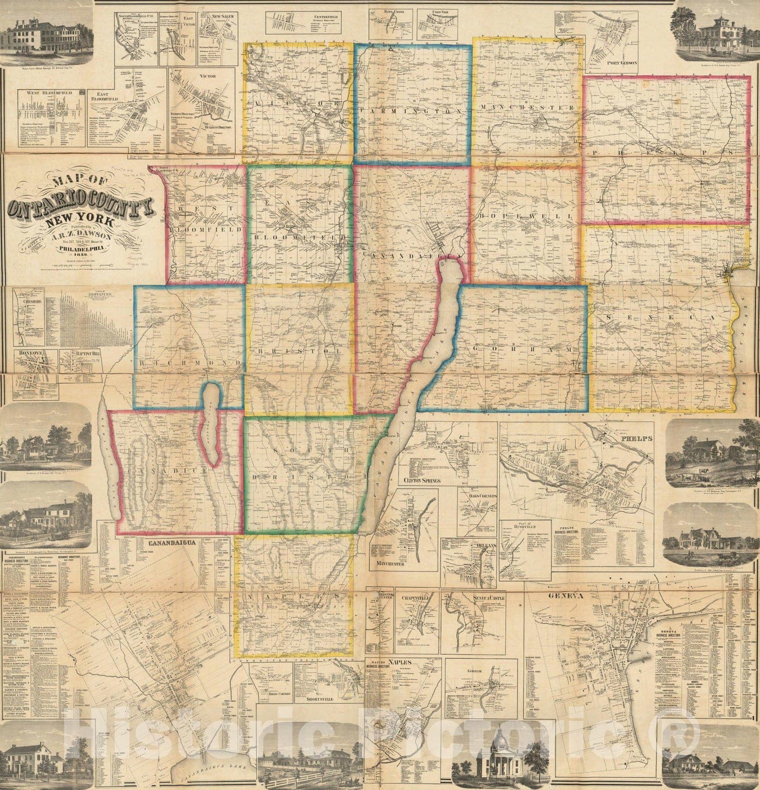 Historical Map, 1859 Map of Ontario County, New York : from Actual surveys, Vintage Wall Art