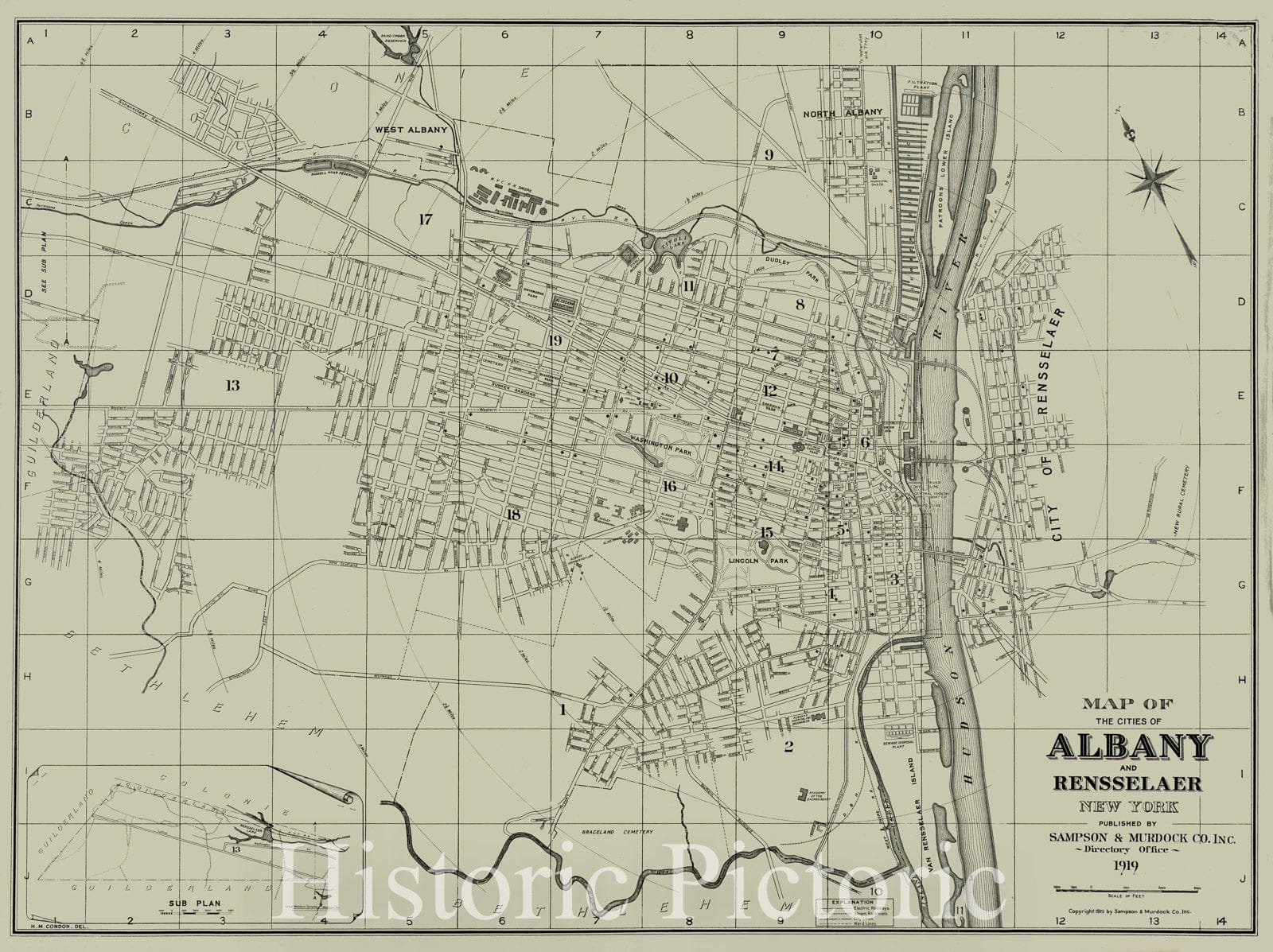 Historical Map, 1919 Map of The Cities of Albany and Rensselaer, New York, Vintage Wall Art