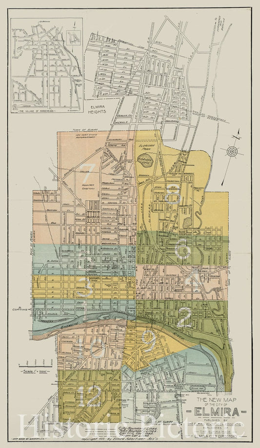 Historical Map, ca. 1919 The New map of The City of Elmira, Vintage Wall Art