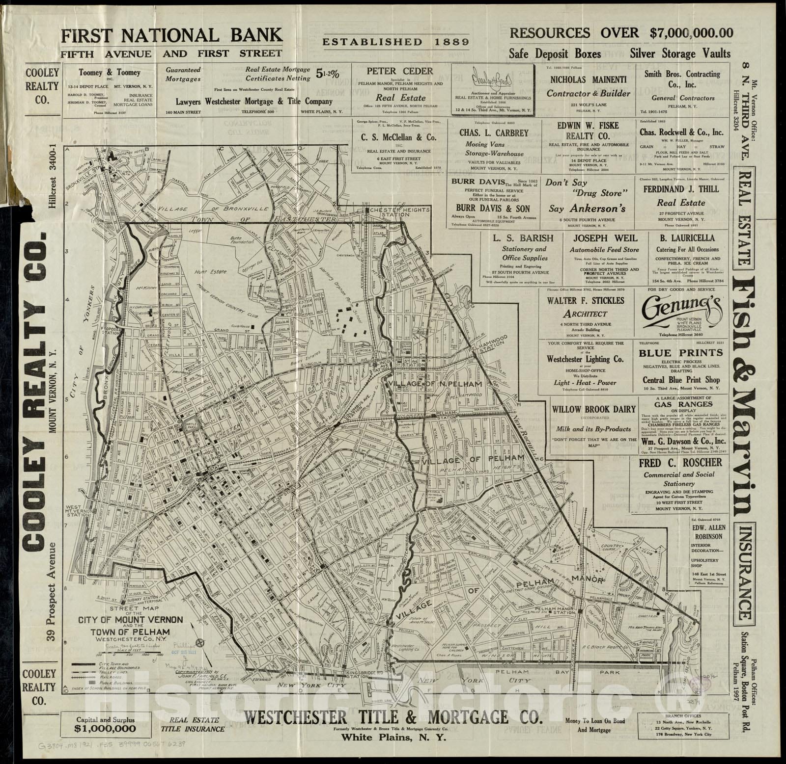 Historical Map, ca. 1921 Street map of The City of Mount Vernon and The Town of Pelham, Westchester County, N.Y, Vintage Wall Art