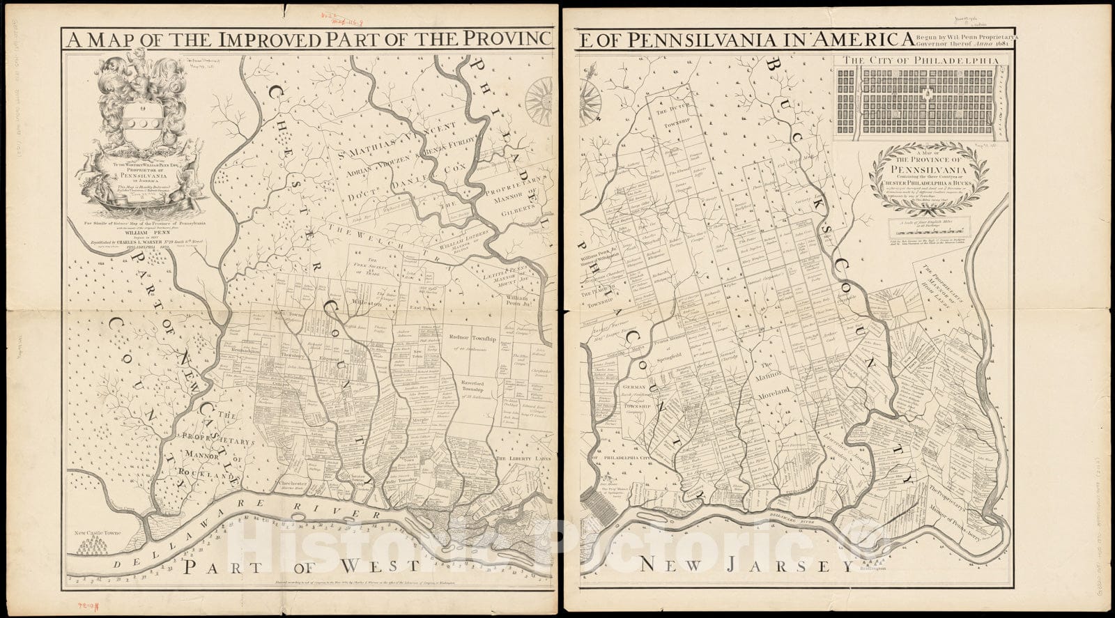 Historical Map, Fac Simile of Holmes' map of The Province of Pennsylvania : with The Names of The Original purchasers from William Penn, Begun in 1681, Vintage Wall Art