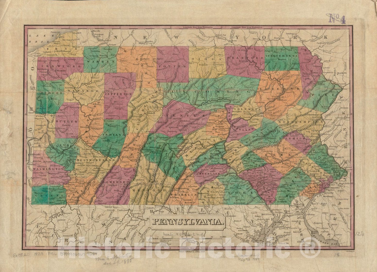 Historical Map, 1829 Pennsylvania, Vintage Wall Art
