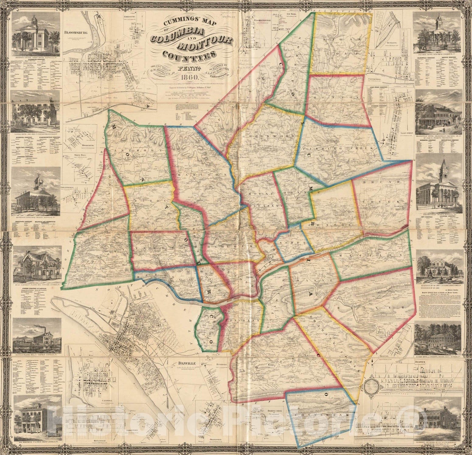 Historical Map, 1860 Cummings' map of Columbia and Montour Counties, Penn'a : from Actual surveys, Vintage Wall Art