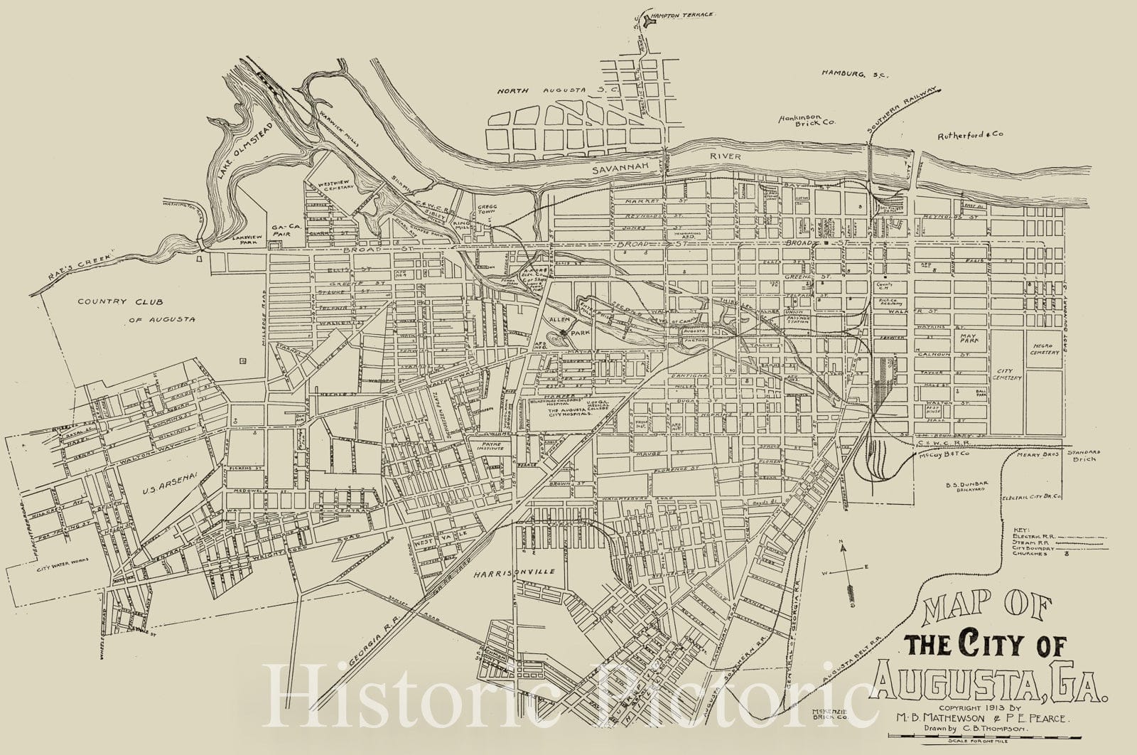 Historical Map, 1913 Map of The City of Augusta, Ga, Vintage Wall Art
