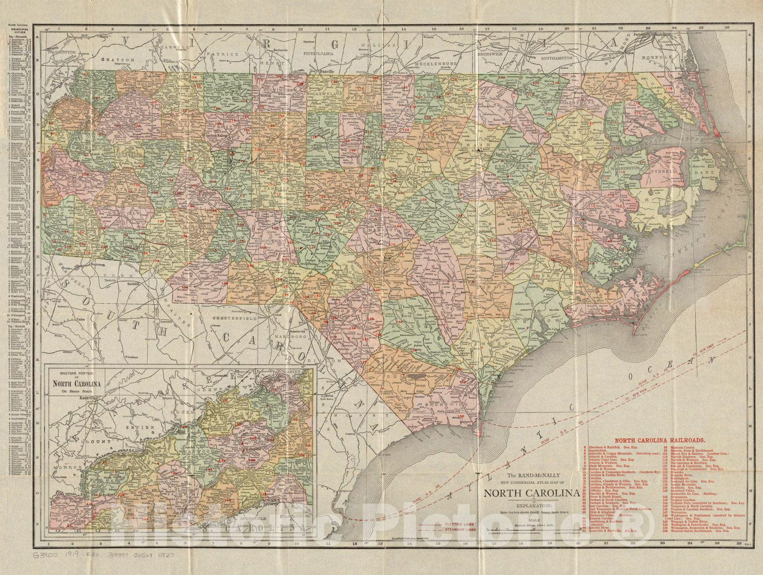 Historical Map, 1919 The Rand McNally new commercial atlas map of North Carolina, Vintage Wall Art