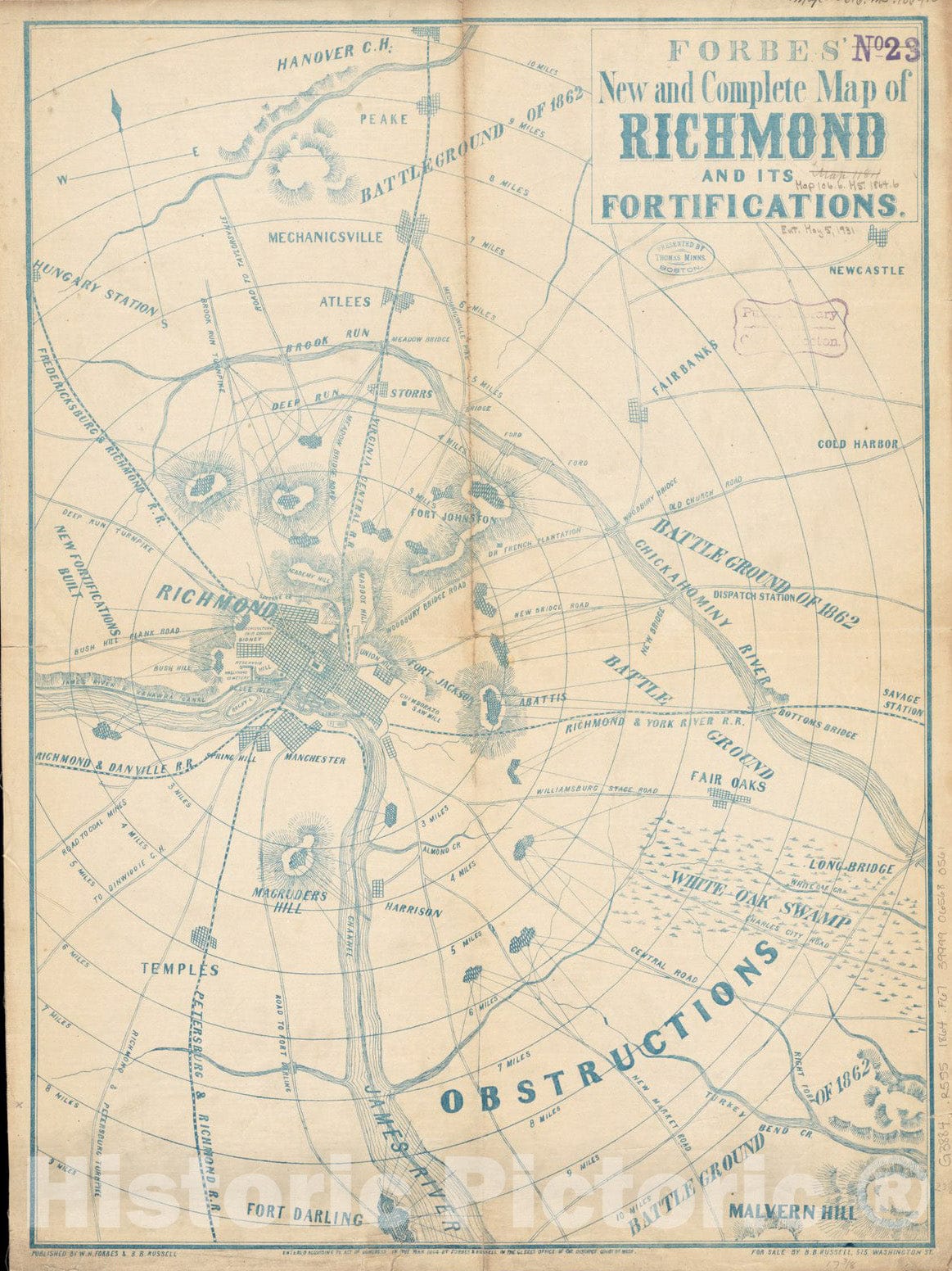 Historical Map, 1864 Forbes' New and Complete map of Richmond and its fortifications, Vintage Wall Art