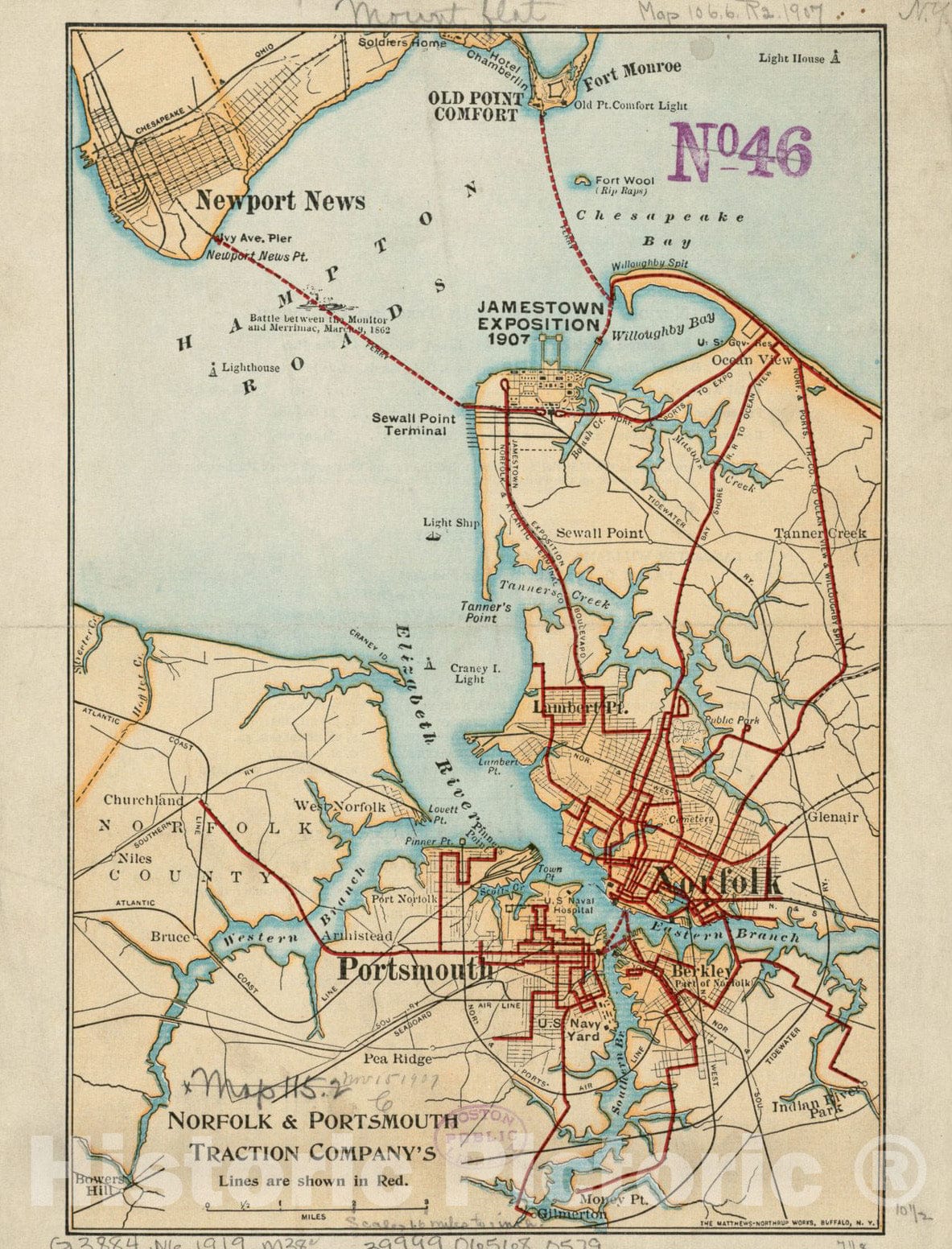Historical Map, 1919 Norfolk & Portsmouth Traction Company's Lines are Shown in red, Vintage Wall Art