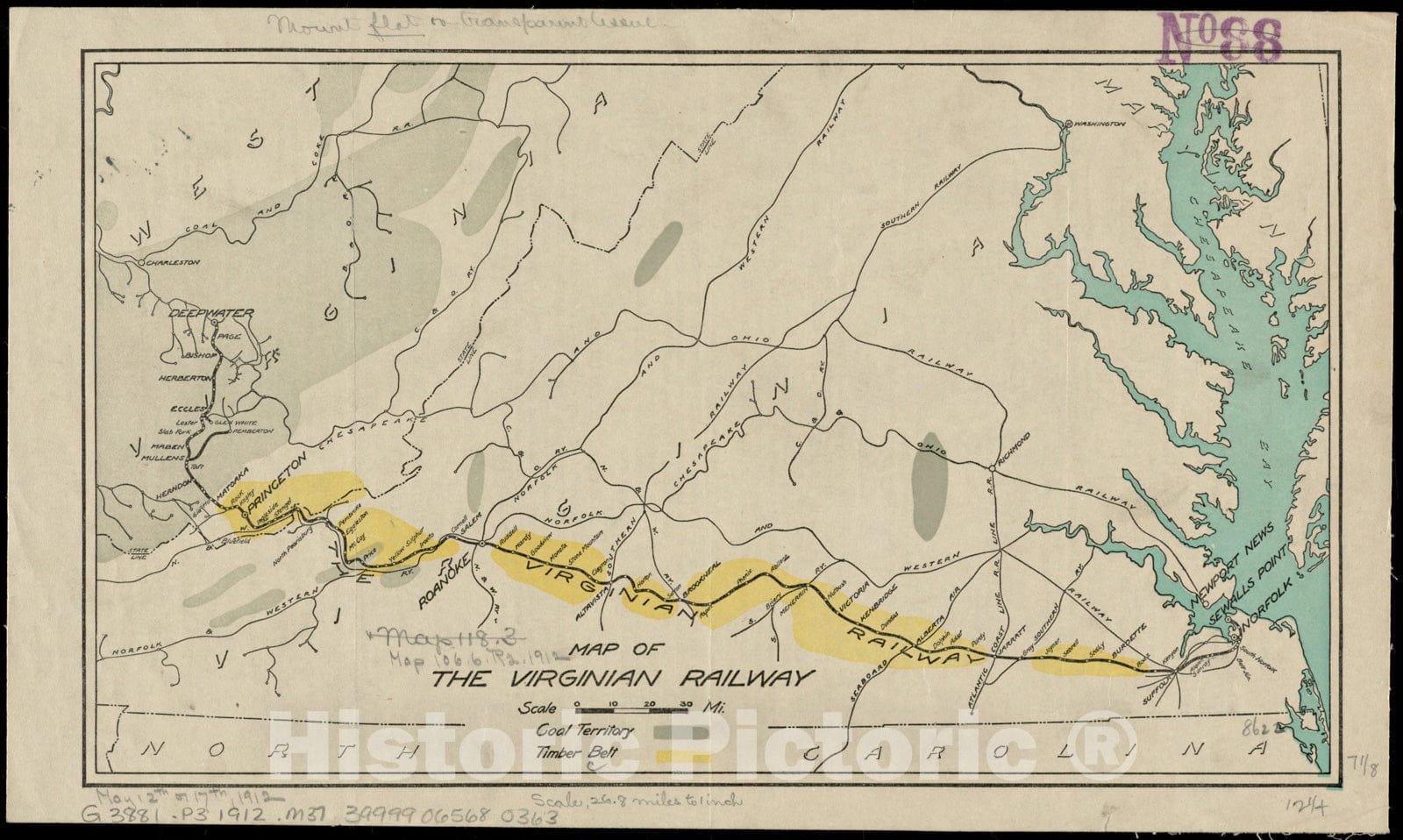 Historical Map, 1912 Map of The Virginian Railway, Vintage Wall Art