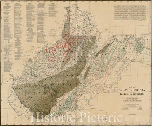 Historical Map, 1908 Map of West Virginia Showing Coal, Oil, Gas and Limestone Areas, Vintage Wall Art