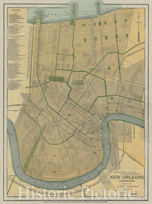 Historical Map, ca. 1893 The Matthews-Northrup up-to-Date map of New Orleans, Louisiana, Vintage Wall Art