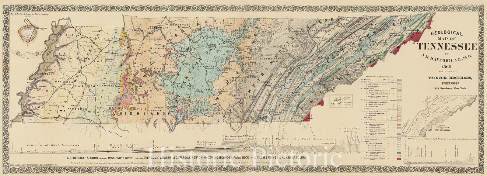 Historical Map, 1869 Geological map of Tennessee, Vintage Wall Art