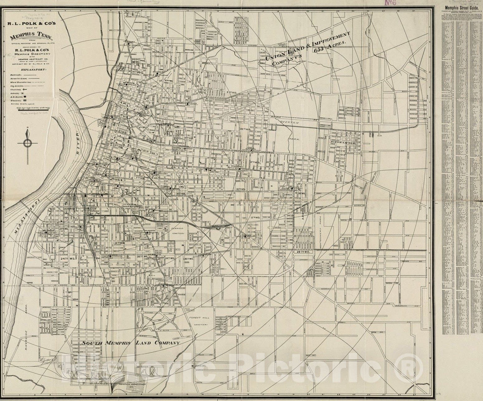 Historical Map, ca. 1911 R.L. Polk & Co's map of Memphis, Tenn : from Official Records and Original plats, Vintage Wall Art