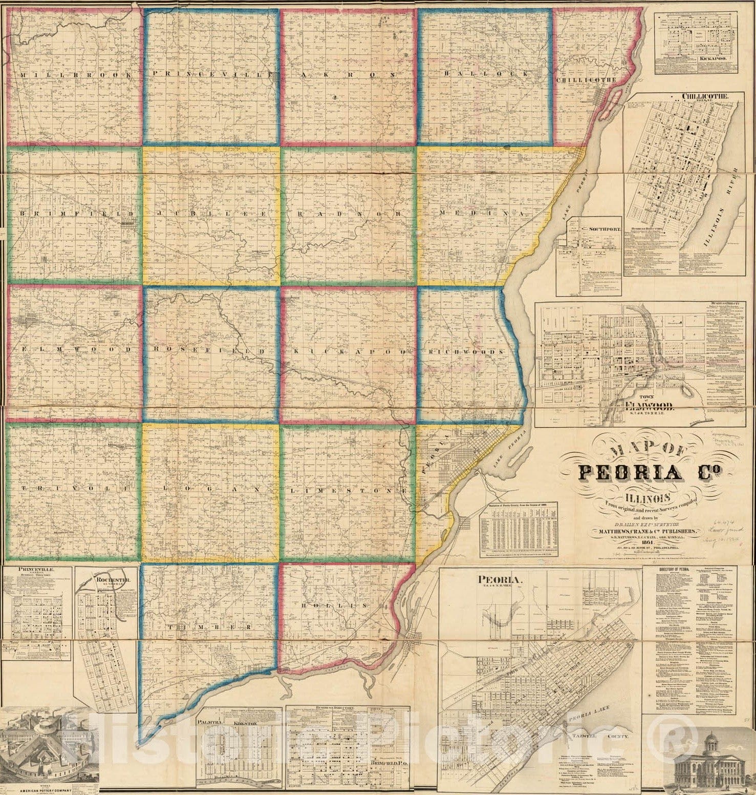 Historical Map, 1861 Map of Peoria Co, Illinois, Vintage Wall Art
