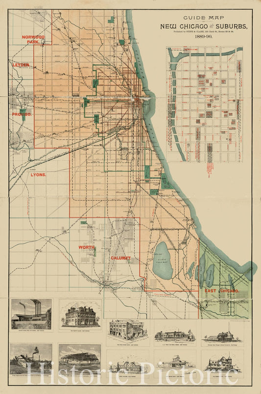 Historic 1889 Guide map of New Chicago, Illinois (IL) - Wall Art