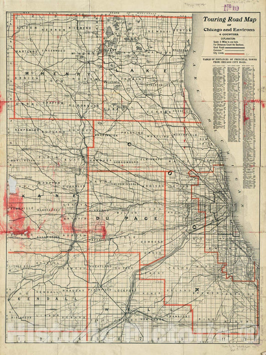 Historical Map, 1900-1909 Touring Road map of Chicago and Environs : 6 Counties, Vintage Wall Art