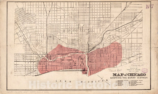 Historical Map, ca. 1871 Map of Chicago Showing The Burnt District, Vintage Wall Art