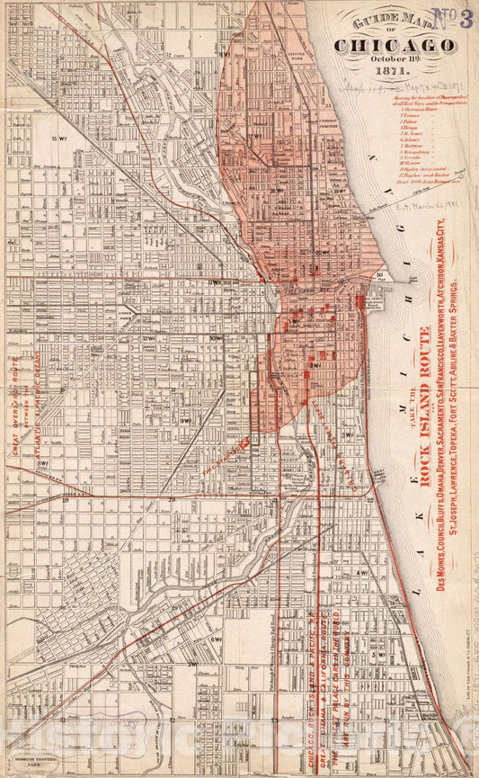 Historical Map, Guide map of Chicago, October 11th, 1871, Vintage Wall Art
