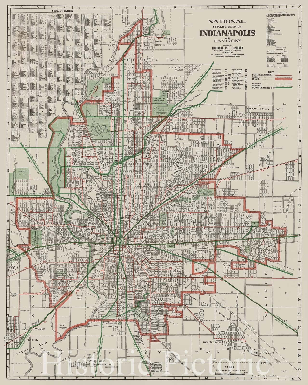 Historical Map, 1921 National Street map of Indianapolis and Environs, Vintage Wall Art