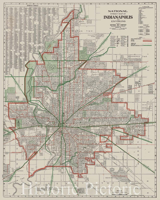 Historical Map, 1921 National Street map of Indianapolis and Environs, Vintage Wall Art