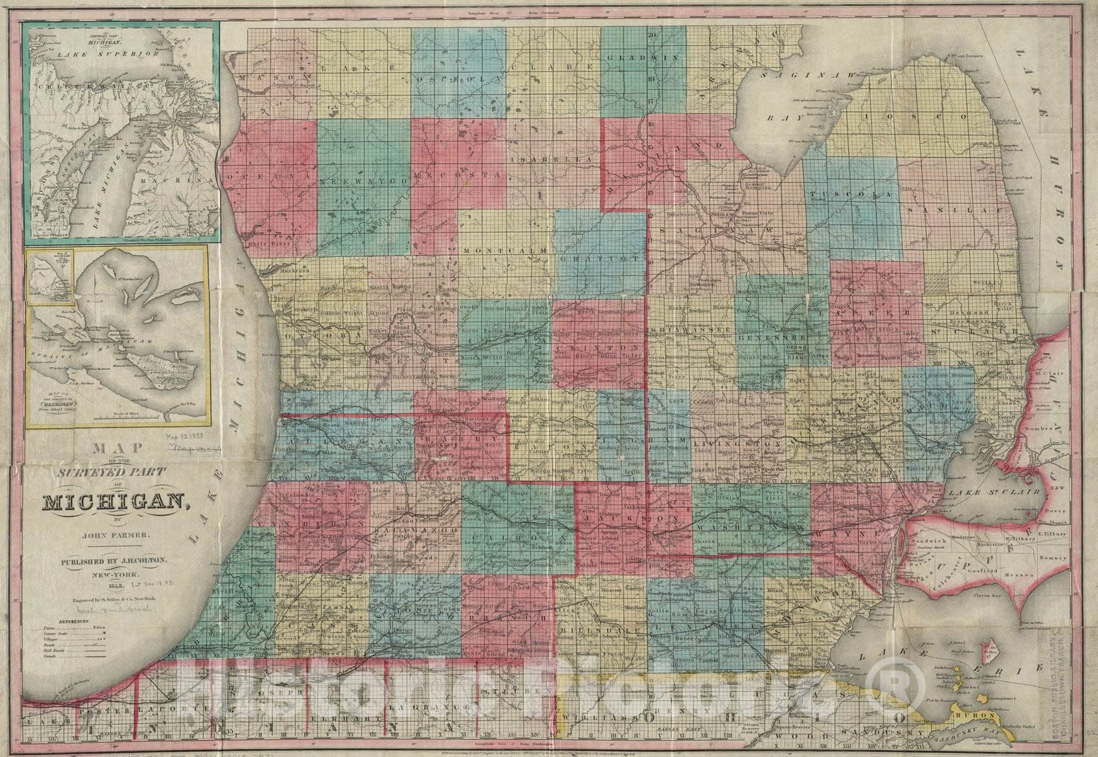 Historical Map, 1853 Map of The surveyed Part of Michigan, Vintage Wall Art