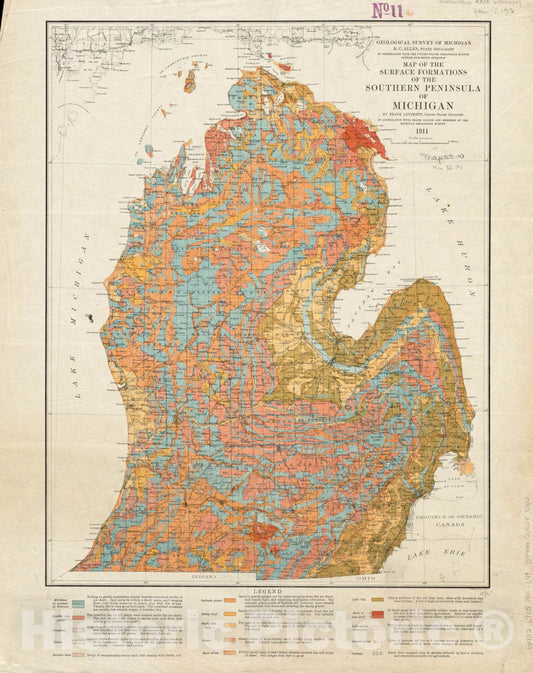 Historical Map, 1911 Map of The Surface Formations of The Southern Peninsula of Michigan, Vintage Wall Art