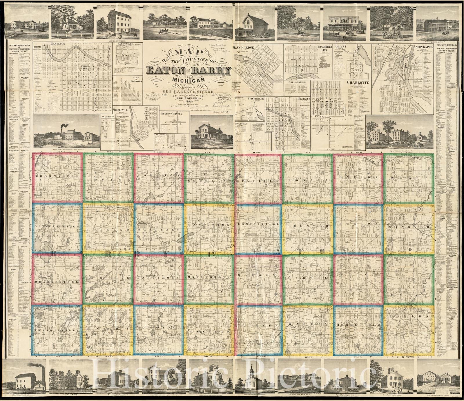 Historical Map, 1860 Map of The Counties of Eaton and Barry, Michigan, Vintage Wall Art :