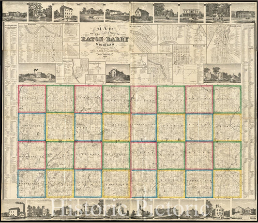 Historical Map, 1860 Map of The Counties of Eaton and Barry, Michigan, Vintage Wall Art :