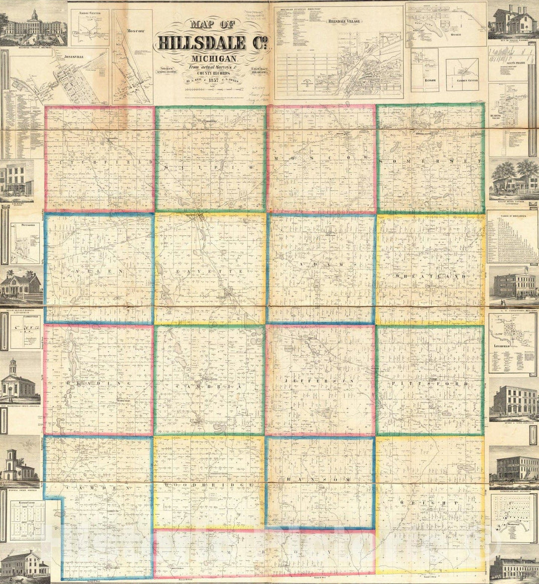 Historical Map, 1857 Map of Hillsdale Co, Michigan, Vintage Wall Art