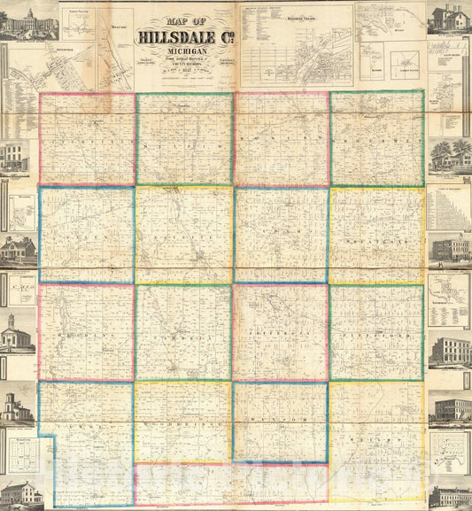 Historical Map, 1857 Map of Hillsdale Co, Michigan, Vintage Wall Art