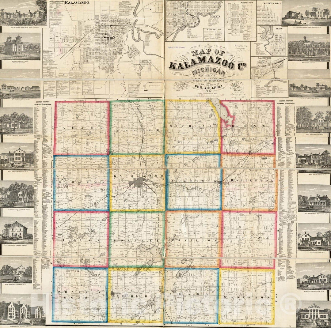 Historical Map, 1861 Map of Kalamazoo Co, Michigan, Vintage Wall Art