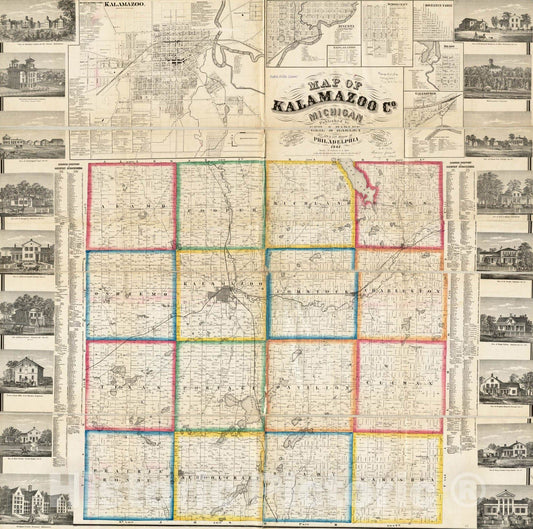 Historical Map, 1861 Map of Kalamazoo Co, Michigan, Vintage Wall Art