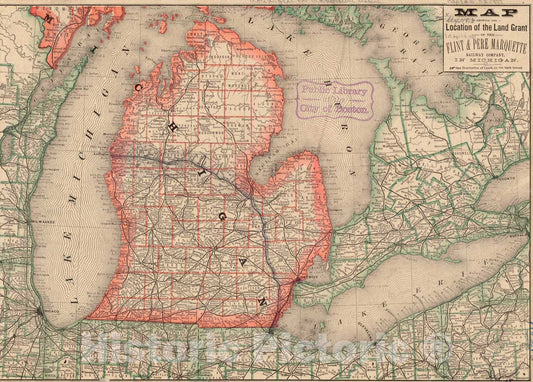 Historical Map, 1879 Map Showing The Location of The Land Grant of The Flint & Pere Marquette Railway Company, in Michigan, Vintage Wall Art
