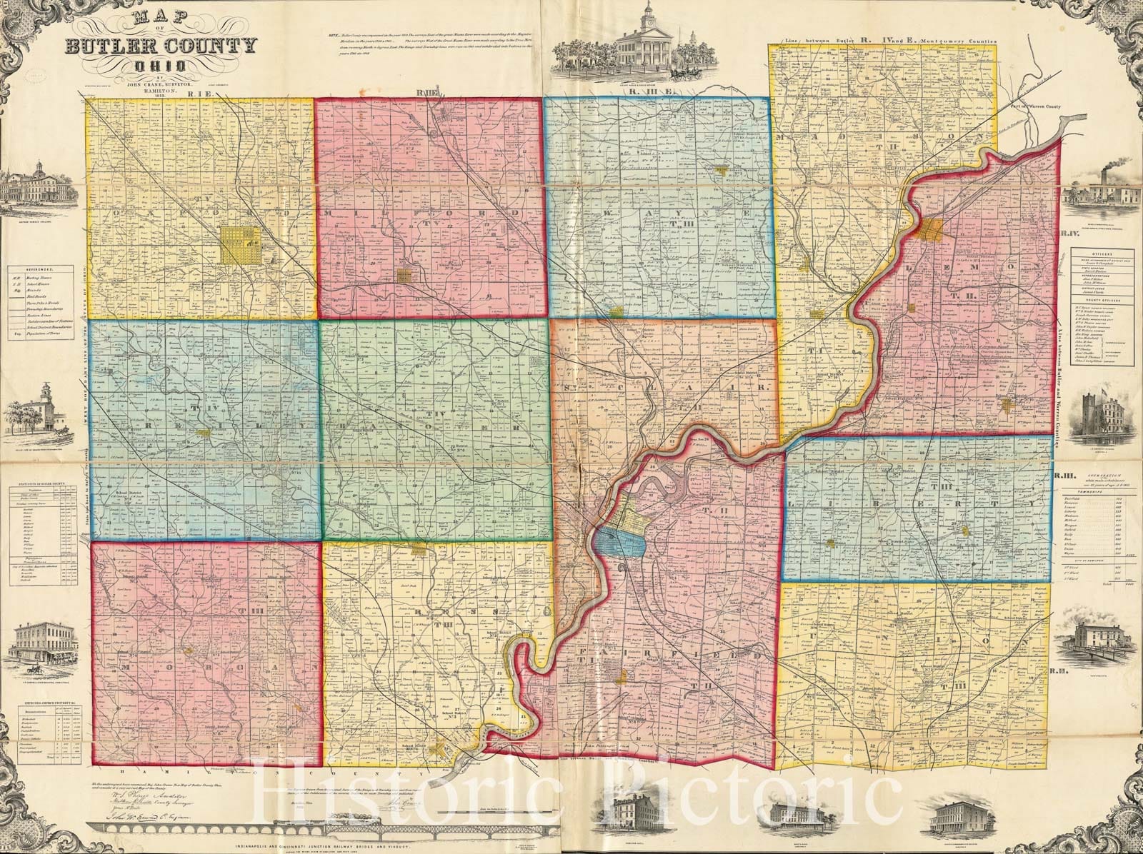 Historical Map, 1855 Map of Butler County, Ohio, Vintage Wall Art